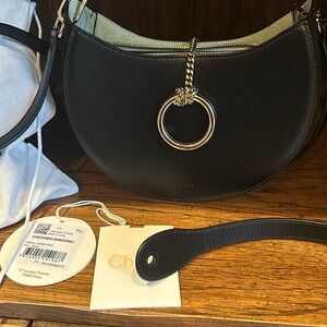 Chloe Black Leather Crossbody Bag with Gold Ring Detail